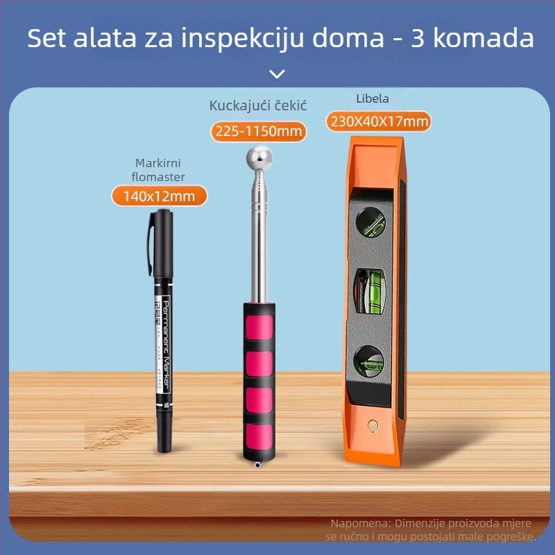 Set alata za inspekciju kuće s elektrikarskim čekićem i kutijom alata, za predaju završene ili roh kuće