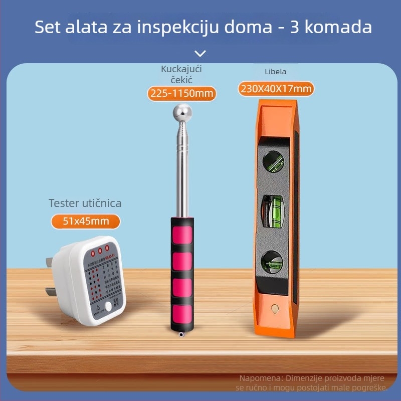 Set alata za inspekciju kuće s elektrikarskim čekićem i kutijom alata, za predaju završene ili roh kuće