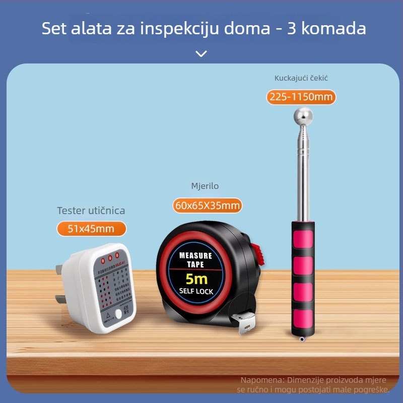 Set alata za inspekciju kuće s elektrikarskim čekićem i kutijom alata, za predaju završene ili roh kuće