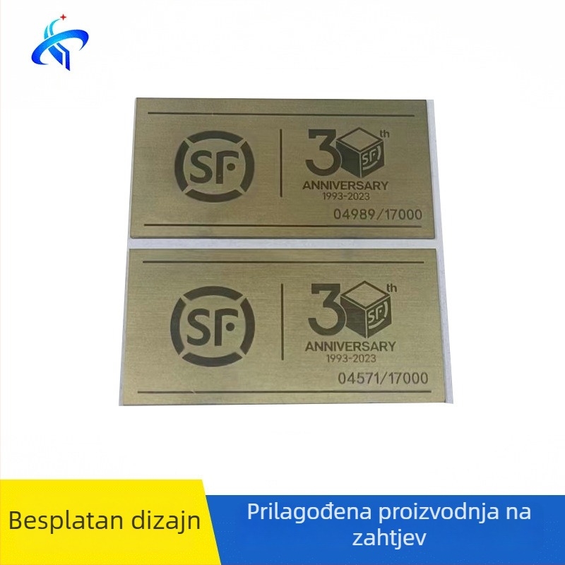 Nerđajuća čelična tablica s vakuumskim premazom, dimenzije 58×30×0,8 mm, SF logo