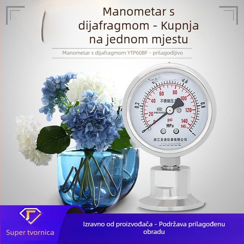 Sanitarni dijafragmatski manometar YTP60BF, nehrđajući čelik, spoj sa stezalom 50,5 mm, prehrambena klasa, brza ugradnja
