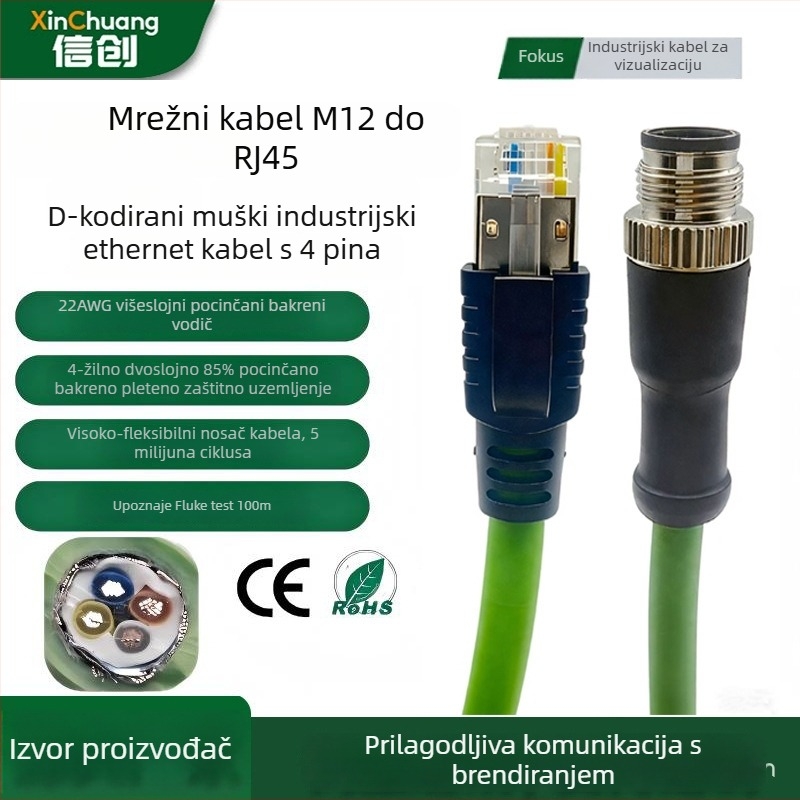 Fleksibilan kabel za vuču lančanim sustavom, četverojedrni, M12 na RJ45, D-kodirani 4-pinski muški konektor, industrijski gigabitni Ethernet kabel