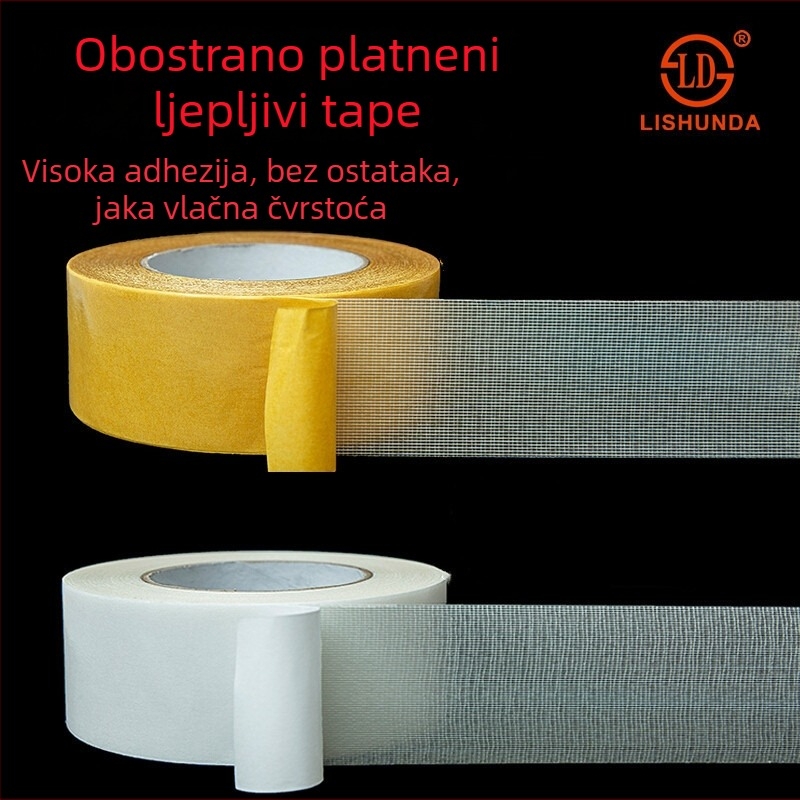 Snažna dvostrano ljepilo traka s platnene osnove, visoka viskoznost, za široke tepihe, prozirna mrežasta traka od staklenih vlakana