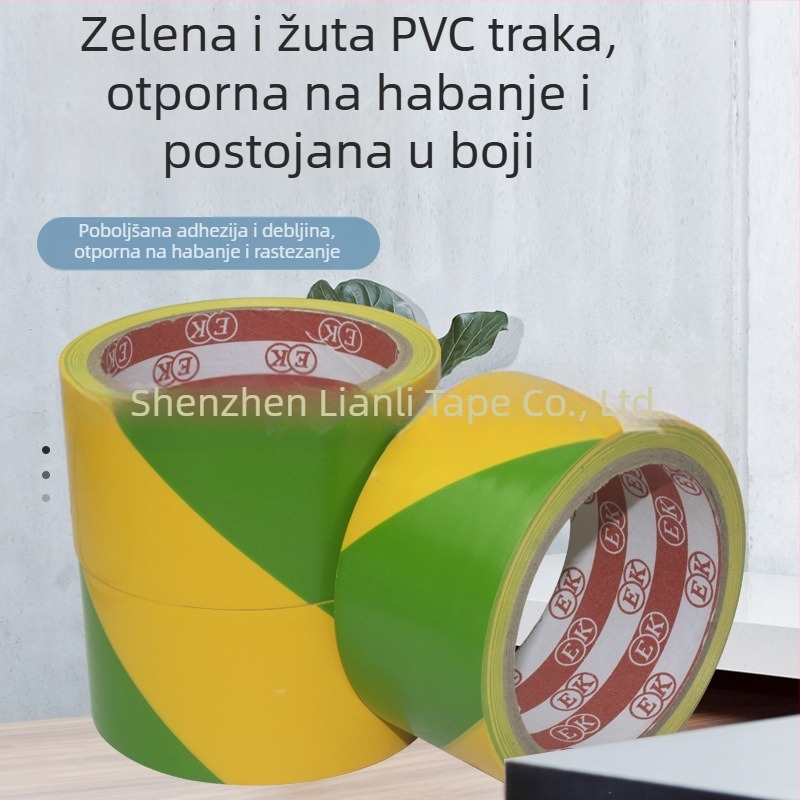 Zeleno-žuta podna traka za upozorenje i označavanje zona, visoka adhezija, vodootporna, širina 4 cm, duljina 18 m, PVC.