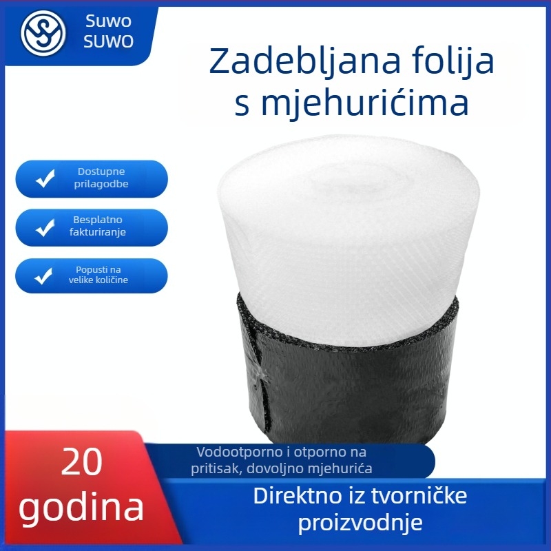 Debeli prozirni crni mjehurični film za zaštitno pakiranje i ublažavanje udara; širina 20-120 cm, promjer mjehurića 1 cm, visina 2 mm; pogodno za kozmetiku i elektroniku