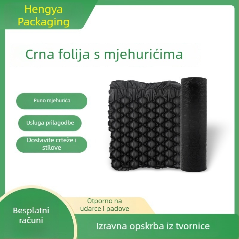 Crna dvostruko slojevita folija s mjehurićima za pakiranje, jači jastuk, HDPE velike mjehuriće, širina 40 cm, duljina 300 m.
