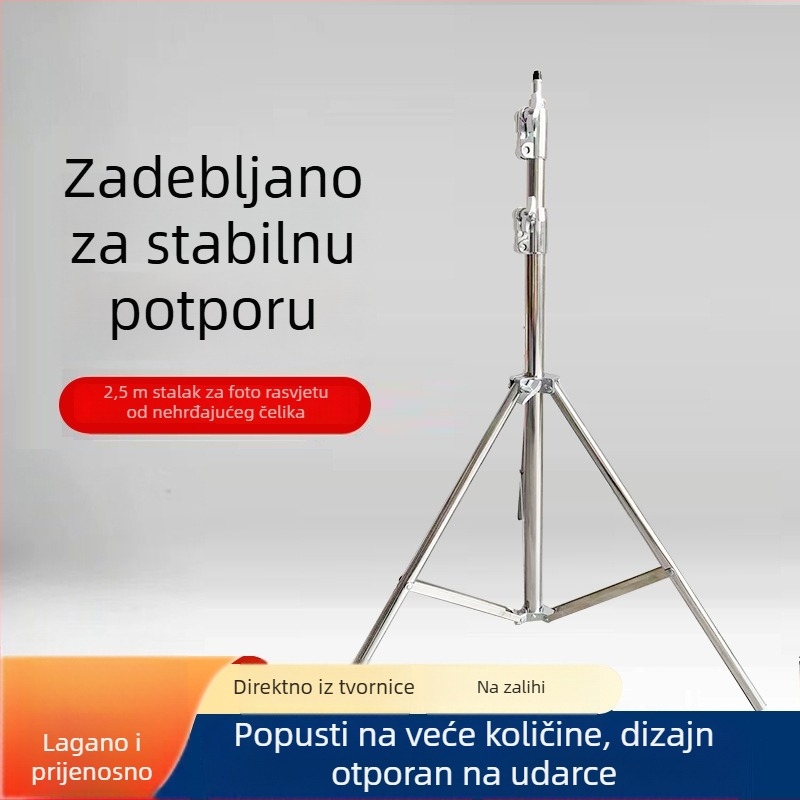 2,5 m profesionalni nehrđajući čelični stativ za rasvjetu, tri sekcije, s opružnom glavom za livestream, nosivost 10 kg