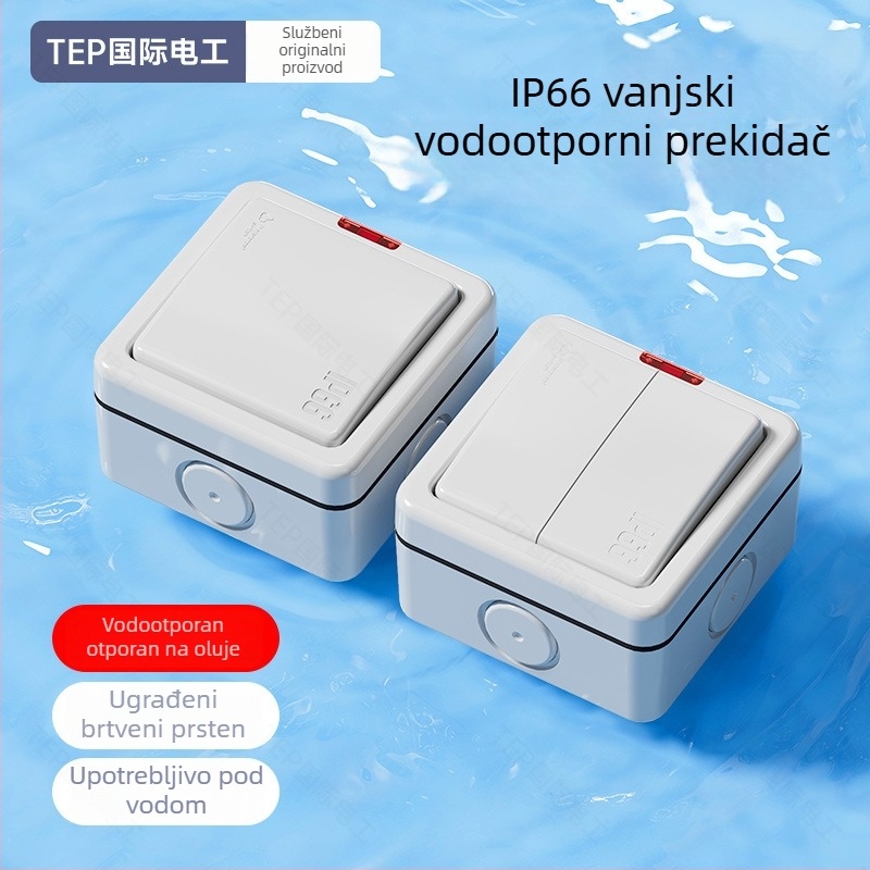 IP66 vanjski vodootporni zidni prekidač sa samozaključnim mehanizmom, 86×88 mm, 220–250V, 10A