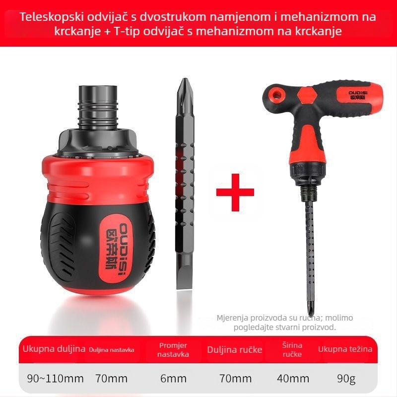 Oudisi dvostrano teleskopni odvijač s Phillips i ravnim bitovima, dvostruki kraj, ergonomska ručka