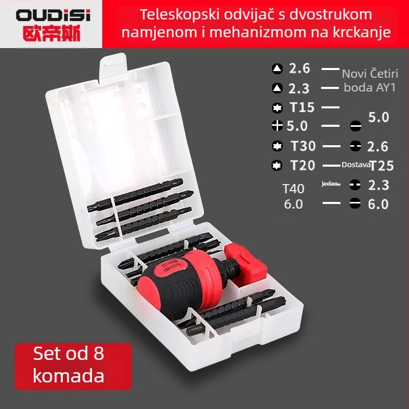 Oudisi dvostrano teleskopni odvijač s Phillips i ravnim bitovima, dvostruki kraj, ergonomska ručka