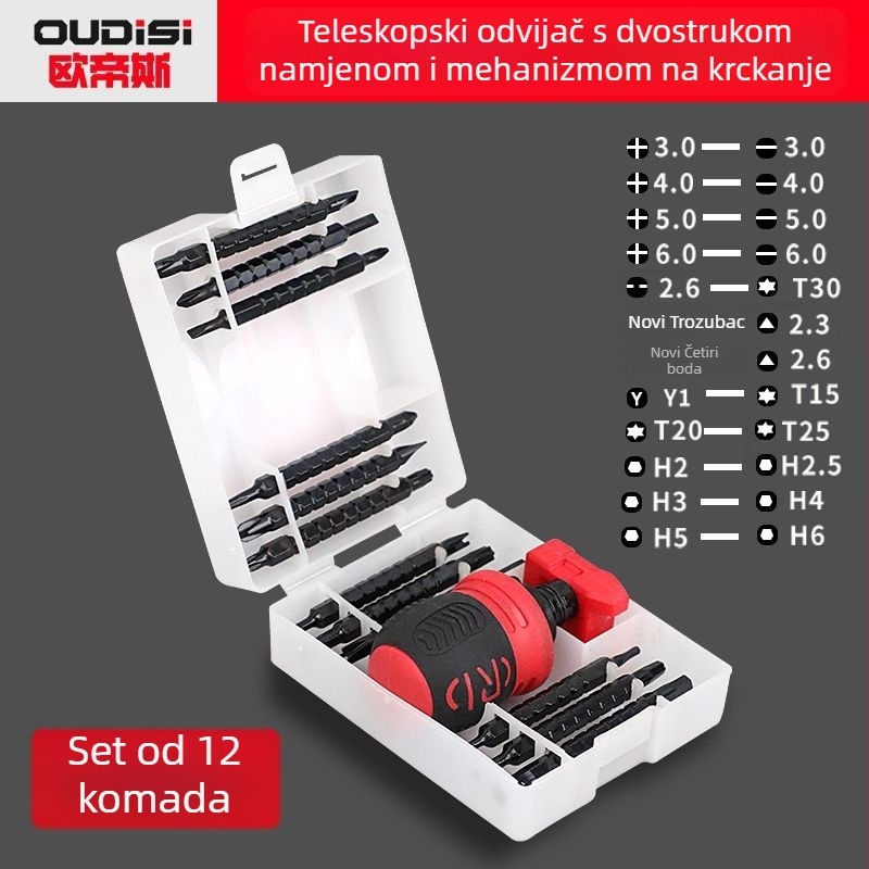 Oudisi dvostrano teleskopni odvijač s Phillips i ravnim bitovima, dvostruki kraj, ergonomska ručka