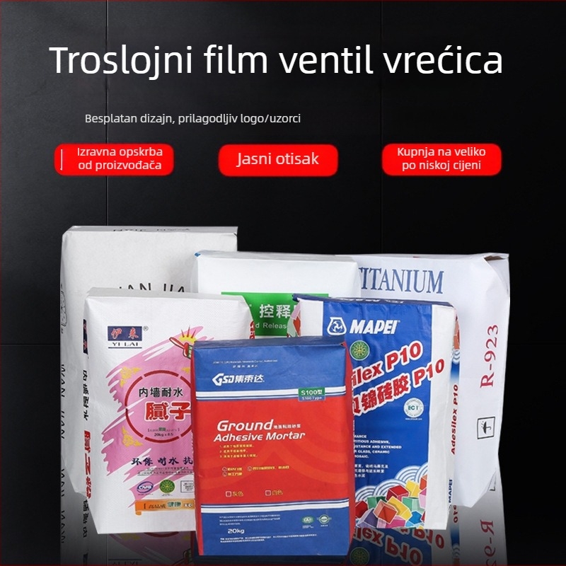 Trostruka papirno-filmska kompozitna vrećica s ventilom za ljepilo za pločice i žbuku, vodootporan kraft papir