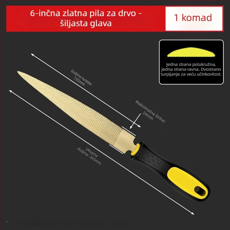 Zlatno obojeni drveni pilnik, ručno izrađen s grubim zubima za oblikovanje