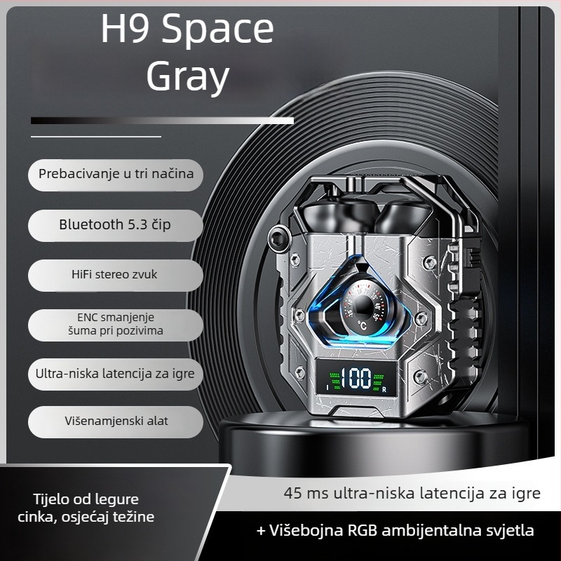 H9 Bluetooth slušalice, TWS5.3, dvostrano s digitalnim zaslonom, redukcija šuma, mecha glazba, dva načina za e‑sport