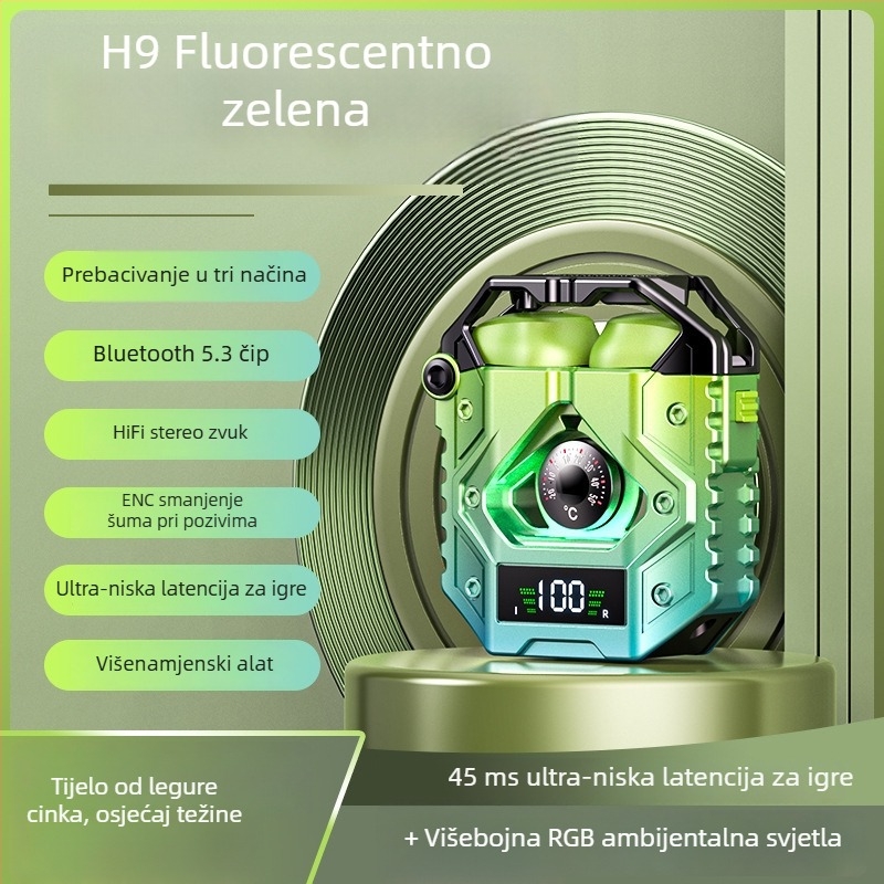 H9 Bluetooth slušalice, TWS5.3, dvostrano s digitalnim zaslonom, redukcija šuma, mecha glazba, dva načina za e‑sport