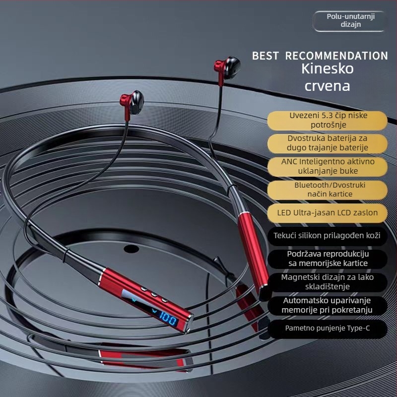 Bluetooth slušalice oko vrata, duga baterija, mala latencija, univerzalna kompatibilnost, slot za karticu