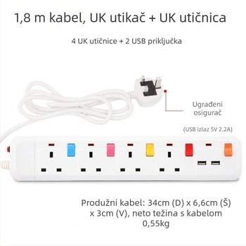 Produžni kabel s zaštitom od prenaponskih udara, britanski standard 13A, USB punjenje