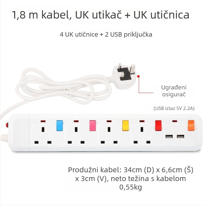 Produžni kabel s zaštitom od prenaponskih udara, britanski standard 13A, USB punjenje