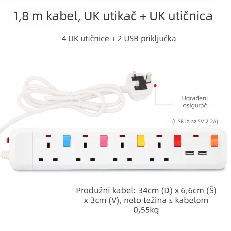 Produžni kabel s zaštitom od prenaponskih udara, britanski standard 13A, USB punjenje