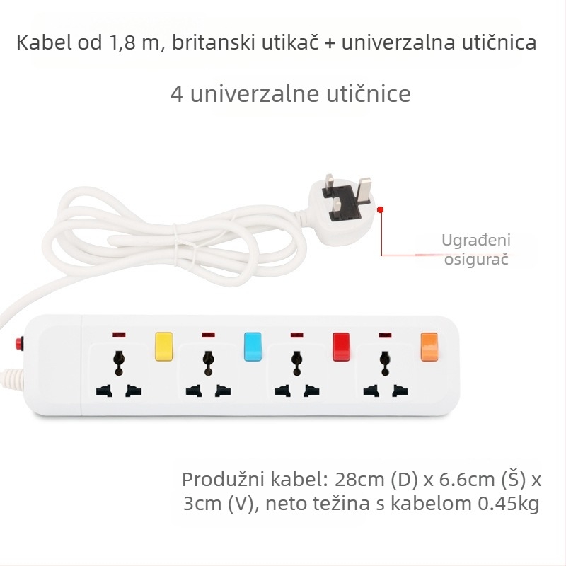 Produžni kabel s zaštitom od prenaponskih udara, britanski standard 13A, USB punjenje