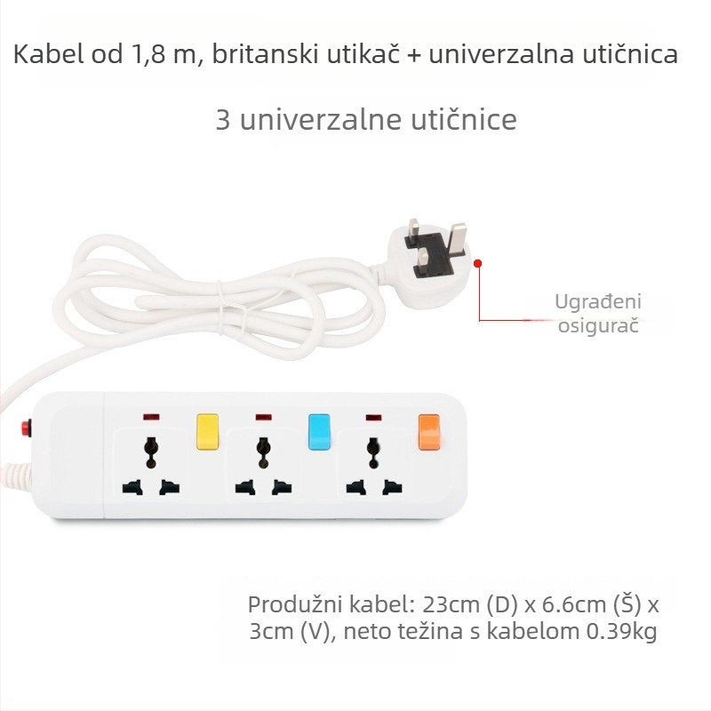 Produžni kabel s zaštitom od prenaponskih udara, britanski standard 13A, USB punjenje