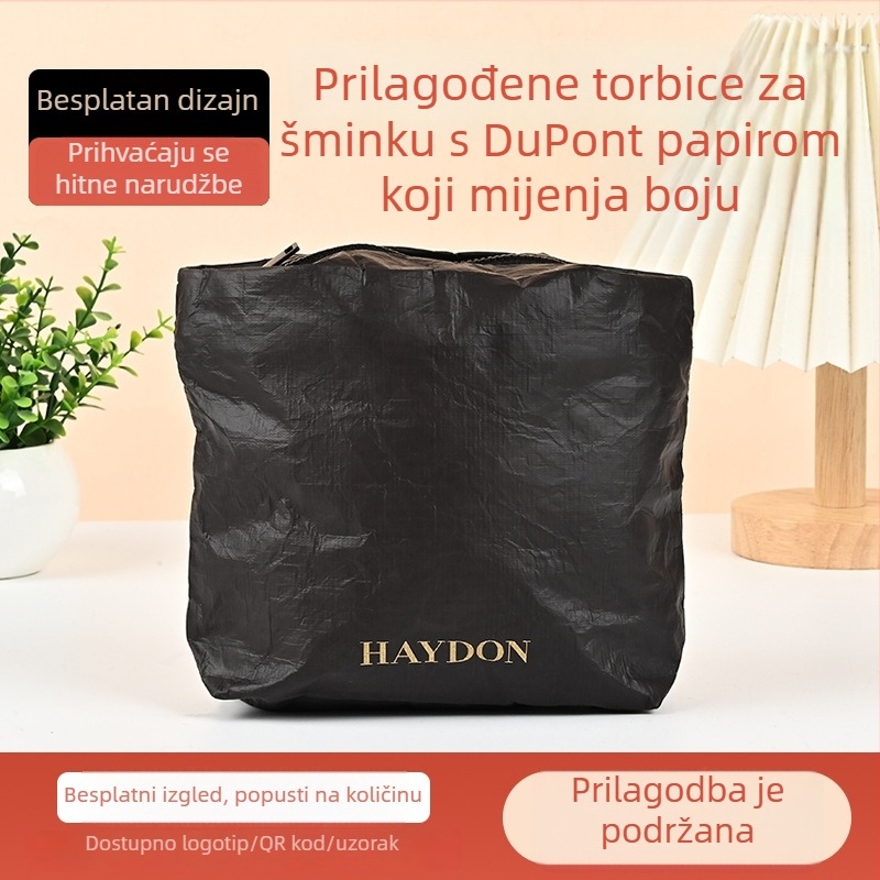 Torbica za kozmetiku od Dupont papira s promjenom boje, vodootporan Kraft papir, zatvarač, ručna drška, periva, prilagodljiva