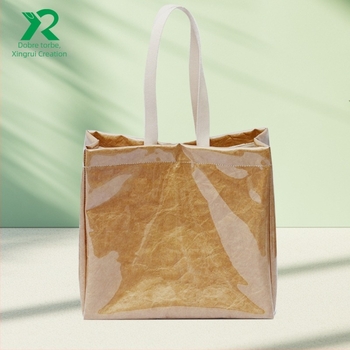 Višeslojna retro oprana DuPont papirnata torba s prozirnim PVC-om, vodootporna, s jednim ramenim remenom i ručkom od kraft papira, jednostavna torba za kupovinu.
