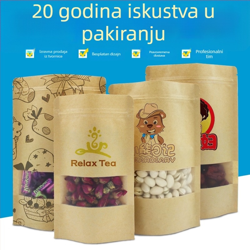 Prilagođena torbica od kraft papira sa ZIP zatvaračem, prozirnim prozorom od aluminijske folije, samostojeća vrećica za slatkiše