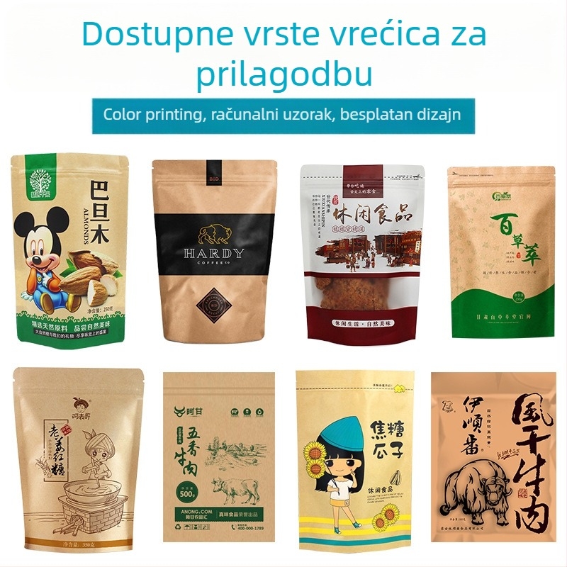 Prilagođena torbica od kraft papira sa ZIP zatvaračem, prozirnim prozorom od aluminijske folije, samostojeća vrećica za slatkiše