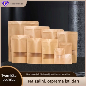 Debela kraft papirna vrećica sa prozorom, samostojeća za čaj i suhe namirnice, mat završni sloj, otporan na masnoće, s ZIP zatvaračem