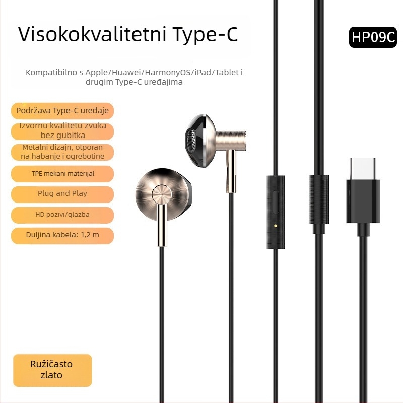 In-ear žične slušalice, 3,5 mm, Type-C sučelje, metalno kućište, za igre i glazbu – Lidenuo