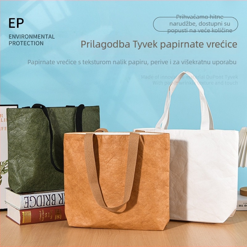 DuPont torba od Kraft papira s prilagođenim logom, retro vodootporna torba za rame od teksturiranog papira, periva, otporna na kidanje