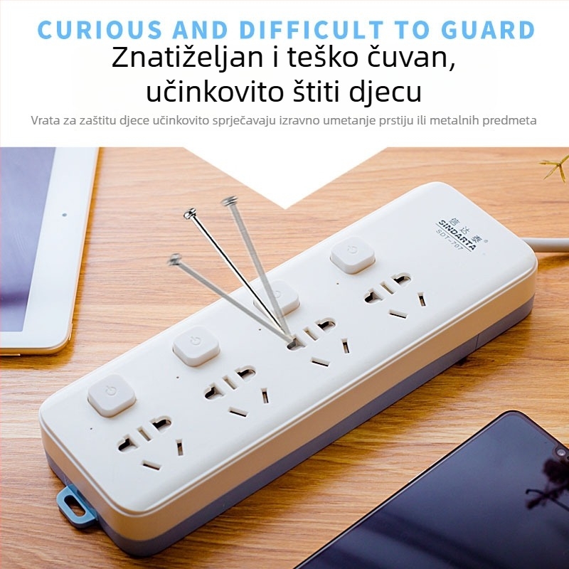Xindatai produžni kabel s više utičnica, visokou snagom, bakreni vodiči, za dom i ured