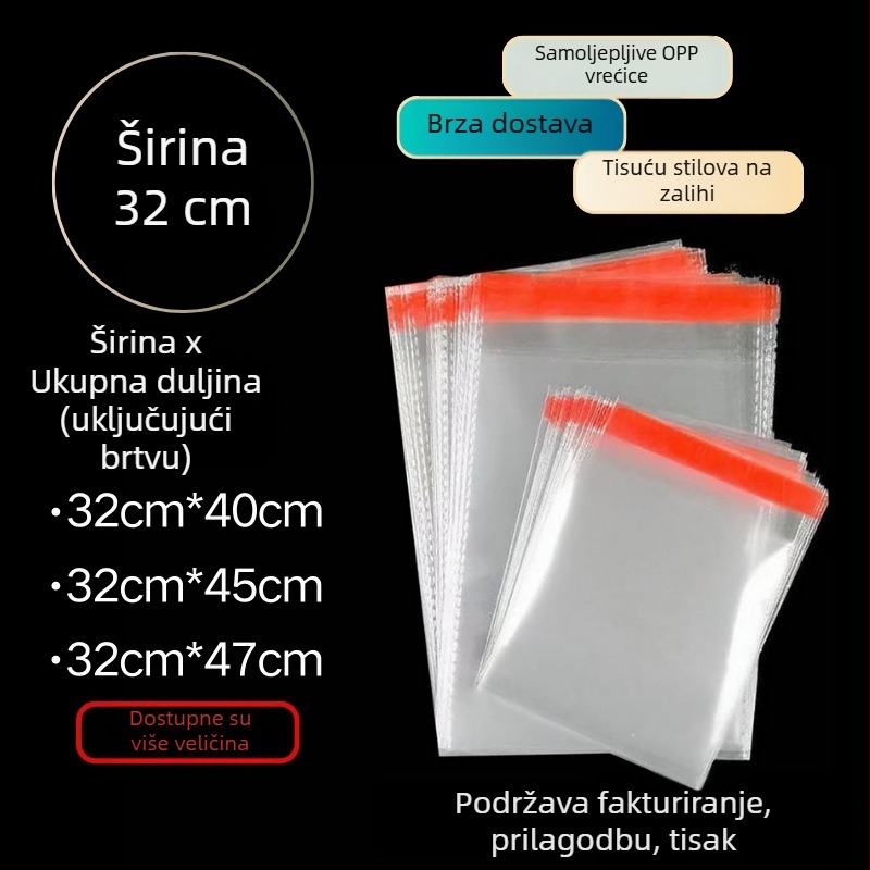 32 cm široka prozirna OPP vrećica za pakiranje sa samoljepljivim zatvaračem i logotipom