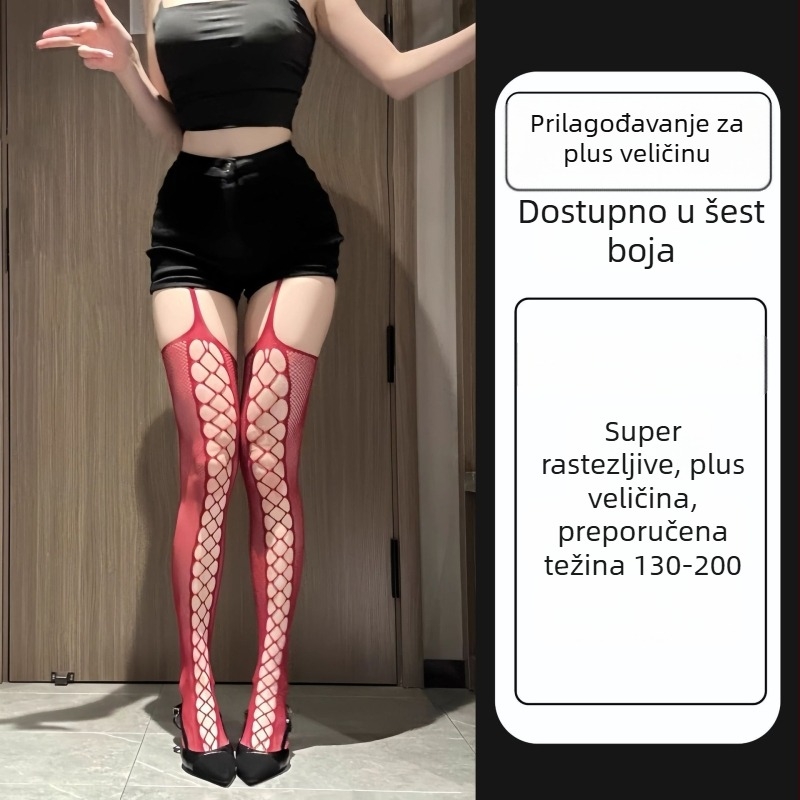 Plus veličina mrežaste čarape s otvorenim preponama, crne, tanke, za ljeto
