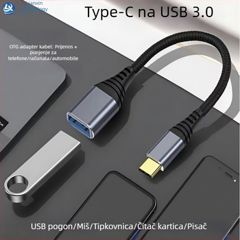 Kabel Type-C na USB 3.0 OTG, visoka brzina prijenosa podataka, Type-C muški na USB-A ženski, duljina 1–2 m, crna