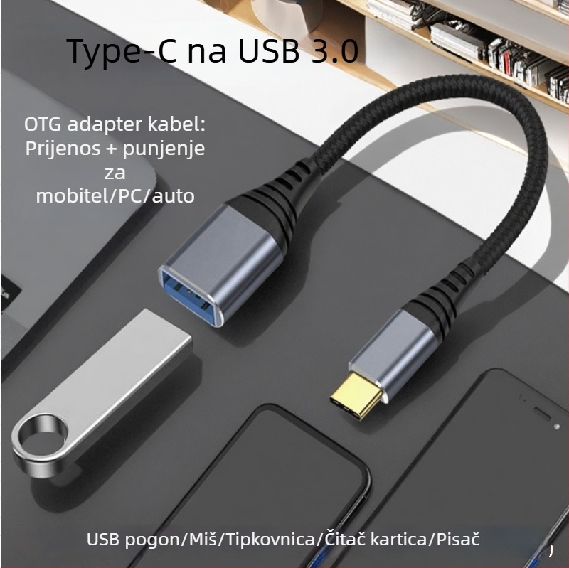 Kabel Type-C na USB 3.0 OTG, visoka brzina prijenosa podataka, Type-C muški na USB-A ženski, duljina 1–2 m, crna