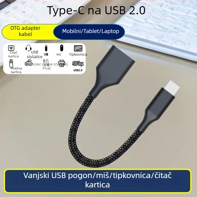 Kabel Type-C na USB 3.0 OTG, visoka brzina prijenosa podataka, Type-C muški na USB-A ženski, duljina 1–2 m, crna