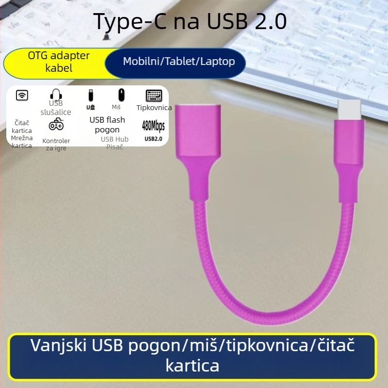 Kabel Type-C na USB 3.0 OTG, visoka brzina prijenosa podataka, Type-C muški na USB-A ženski, duljina 1–2 m, crna