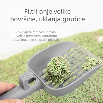 Plastična lopatica za mačji pijesak, izdržljiva i otporna na padove.