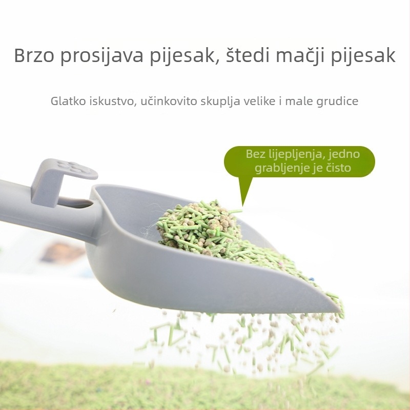 Plastična lopatica za mačji pijesak, izdržljiva i otporna na padove.