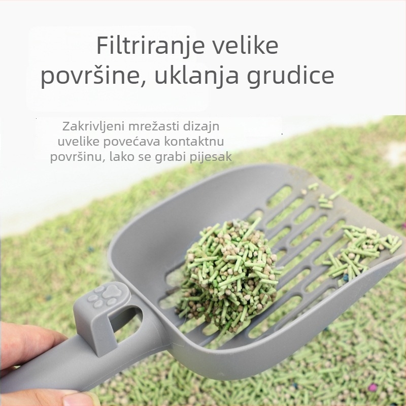 Plastična lopatica za mačji pijesak, izdržljiva i otporna na padove.