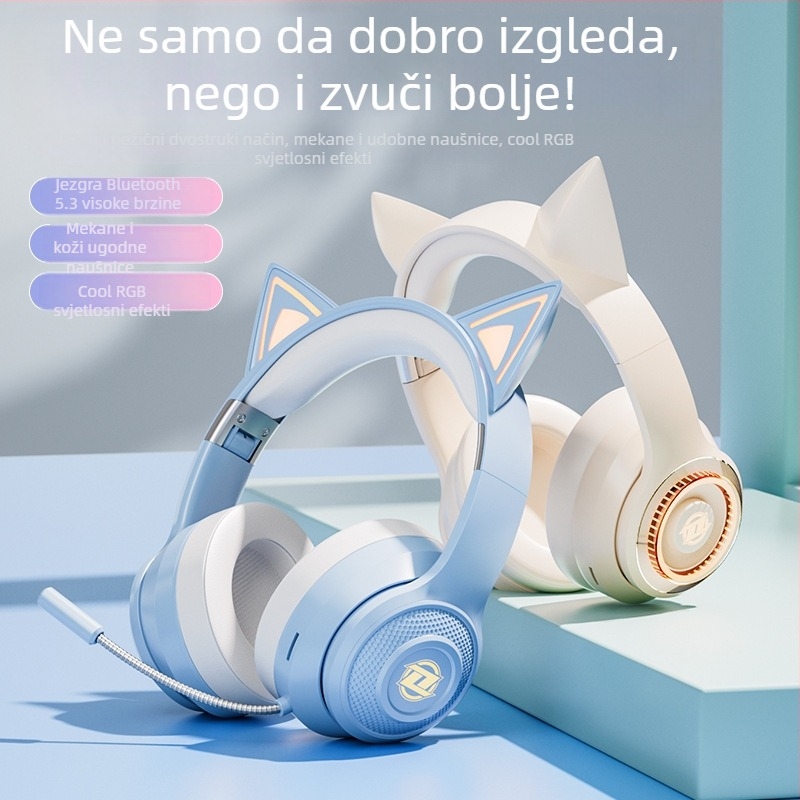Bežične slušalice s mačjim ušima, Bluetooth, mikrofon, za igranje i streaming