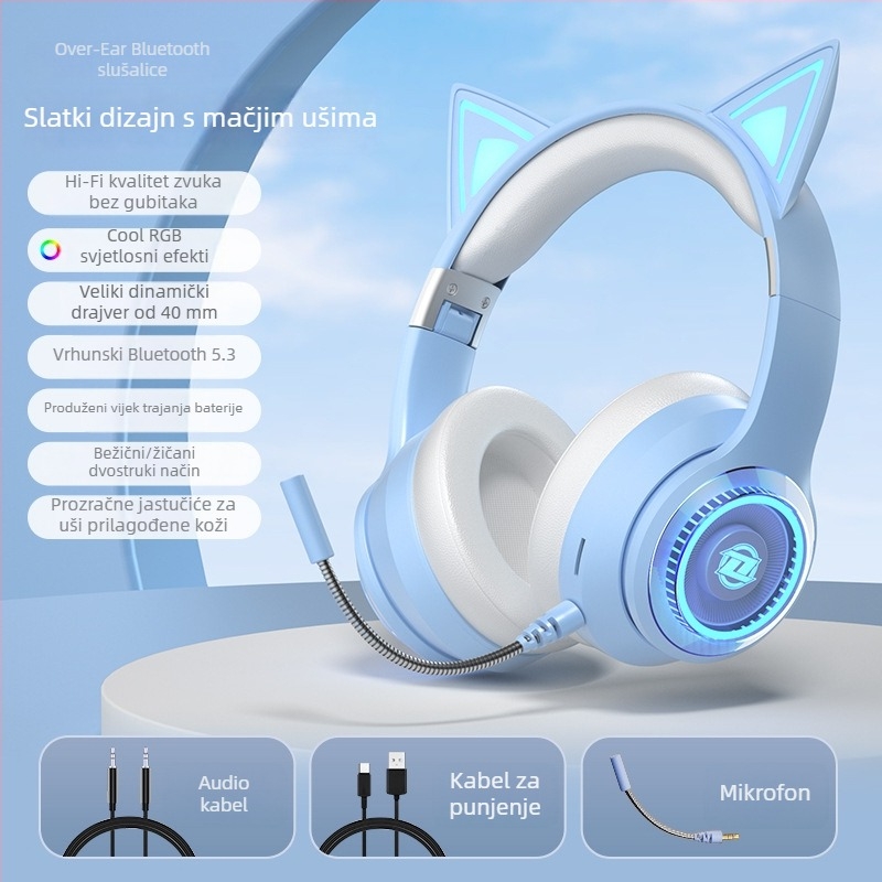 Bežične slušalice s mačjim ušima, Bluetooth, mikrofon, za igranje i streaming