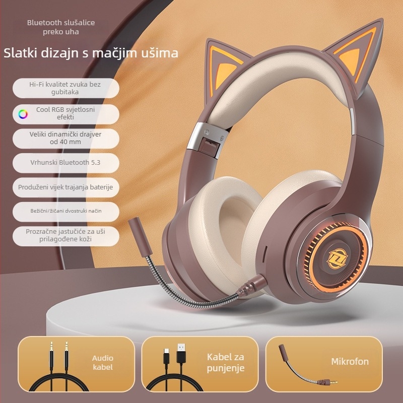 Bežične slušalice s mačjim ušima, Bluetooth, mikrofon, za igranje i streaming