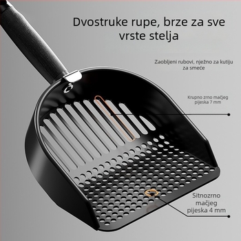 Potpuno crna nehrđajuća lopatica za mačju toaletu – dvostruke namjene, s velikim i finim otvorima