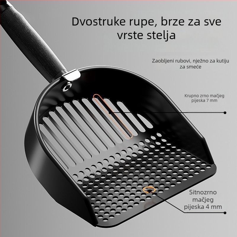 Potpuno crna nehrđajuća lopatica za mačju toaletu – dvostruke namjene, s velikim i finim otvorima