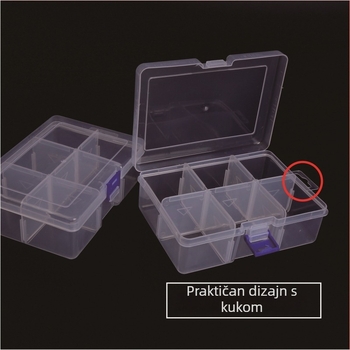 Prozirna plastična kutija za skladištenje s šest odjeljaka za elektroničke komponente, PP materijal, s poklopcem