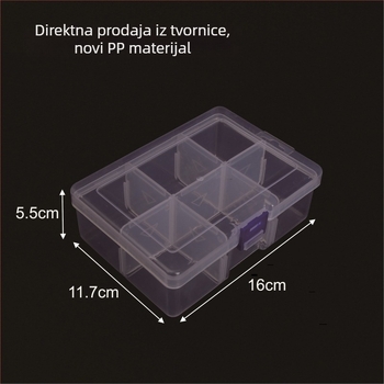 Prozirna plastična kutija za skladištenje s šest odjeljaka za elektroničke komponente, PP materijal, s poklopcem