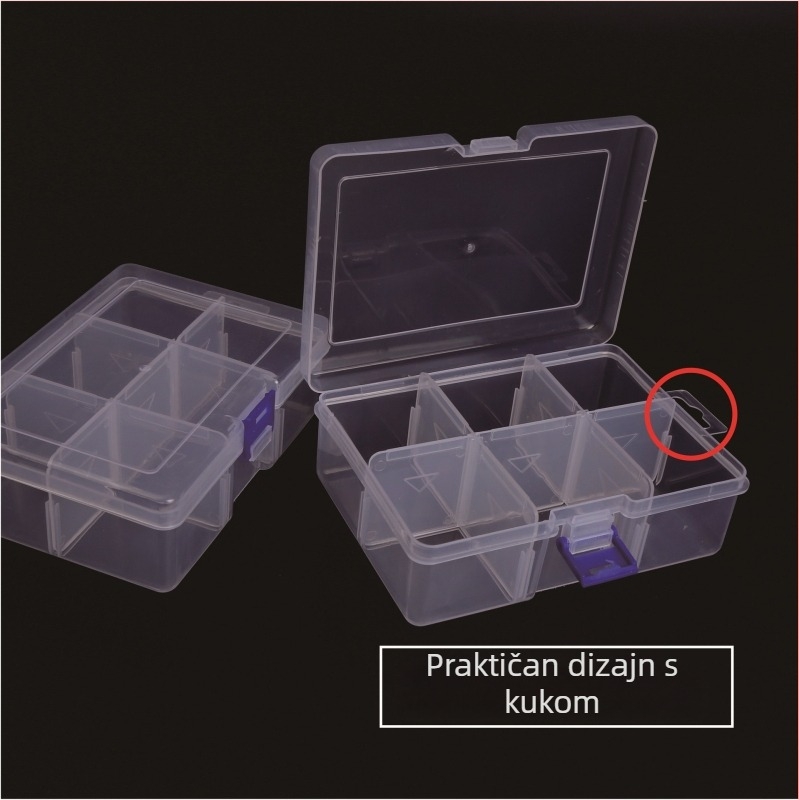 Prozirna plastična kutija za skladištenje s šest odjeljaka za elektroničke komponente, PP materijal, s poklopcem